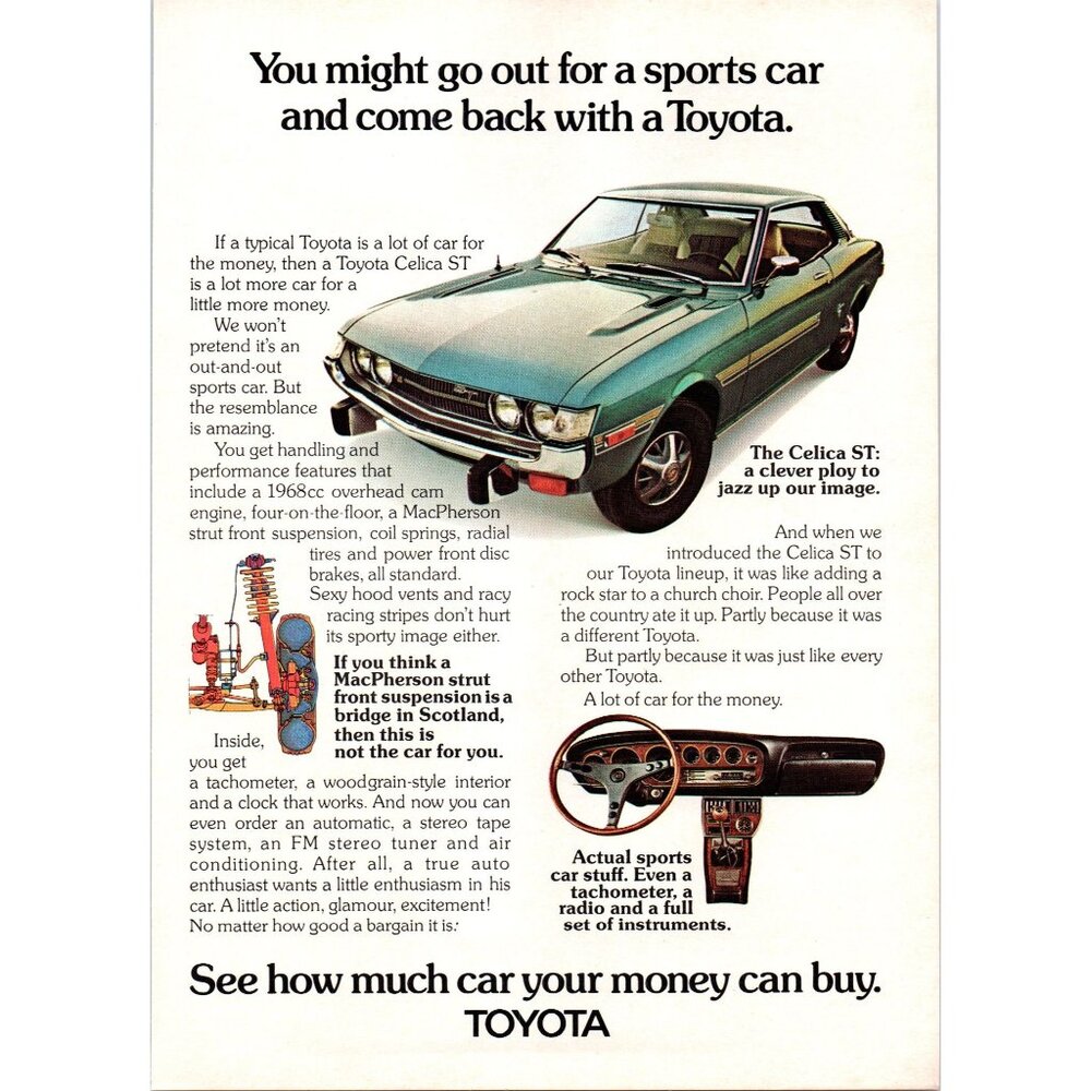 1973 Toyota Celica ST Sports Car Vintage Print Ad Wood Grain Dash 70s Wall Art